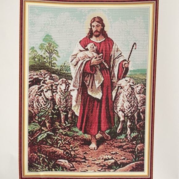 The Good Shepherd Stamped Cross Stitch Kit Jesus Sheep Maydear 22.5" x 29" - Picture 1 of 5